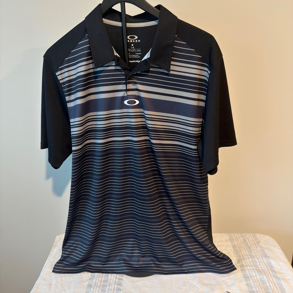 Oakley Mens Hydrolix Golf Polo Shirt Black Grey Striped Regular Fit Large